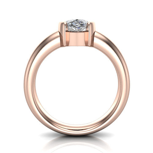 Morgan pear classic engagement ring in 14K Rose Gold, through-finger front profile showing the half-bezel setting and wide band from the front