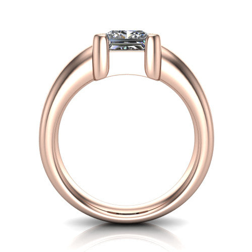 Morgan princess-cut classic engagement ring in 14K Rose Gold, through-finger front profile showing the half-bezel setting and wide band from the front