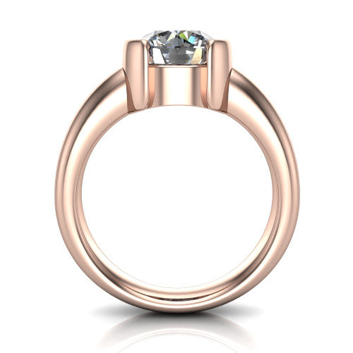 Morgan round classic engagement ring in 18K Rose Gold, through-finger front profile showing the half-bezel setting and wide band from the front
