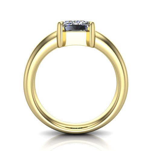 Morgan emerald-cut classic engagement ring in 18K Yellow Gold, through-finger front profile showing the half-bezel setting and wide band from the front