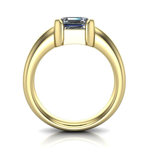 Morgan square emerald-cut classic engagement ring in 18K Yellow Gold, through-finger front profile showing the half-bezel setting and wide band from the front