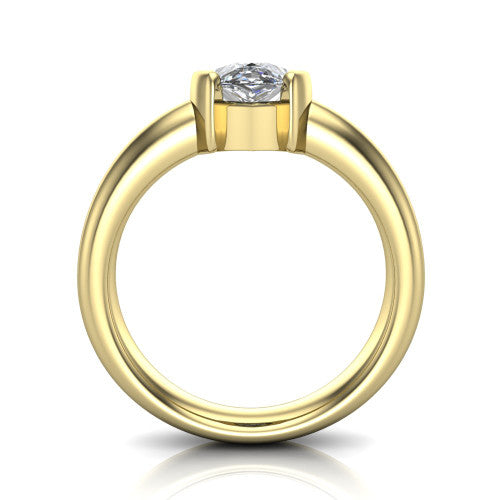 Morgan pear classic engagement ring in 18K Yellow Gold, through-finger front profile showing the half-bezel setting and wide band from the front