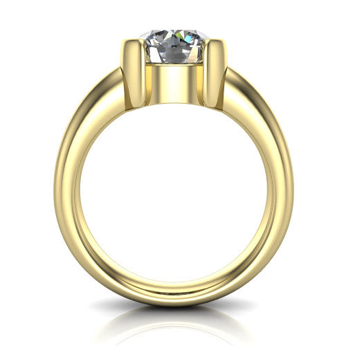 Morgan round classic engagement ring in 14K Yellow Gold, through-finger front profile showing the half-bezel setting and wide band from the front