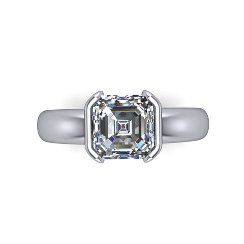 Morgan square emerald-cut classic engagement ring in Platinum, top-down view showing the square emerald-cut center diamond and half-bezel frame from above