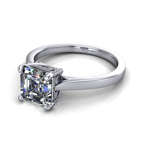 Finley square emerald-cut classic engagement ring in 18K White Gold, three-quarter perspective showing the square emerald-cut center diamond in a four-prong head with a hidden halo
