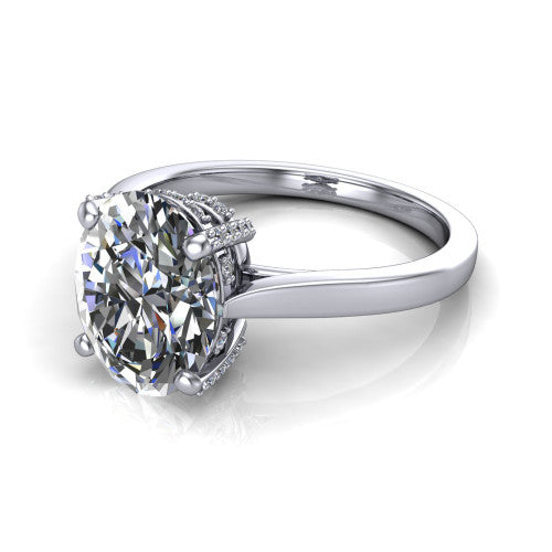 Finley oval classic engagement ring in 18K White Gold, three-quarter perspective showing the oval center diamond in a four-prong head with a hidden halo