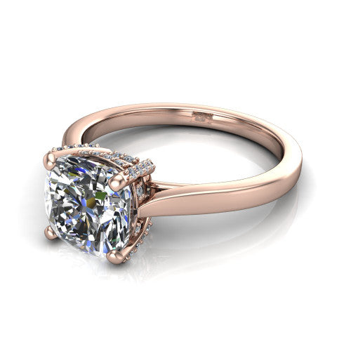 Finley cushion classic engagement ring in 18K Rose Gold, three-quarter perspective showing the cushion center diamond in a four-prong head with a hidden halo