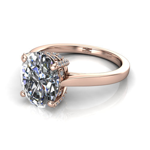 Finley oval classic engagement ring in 14K Rose Gold, three-quarter perspective showing the oval center diamond in a four-prong head with a hidden halo