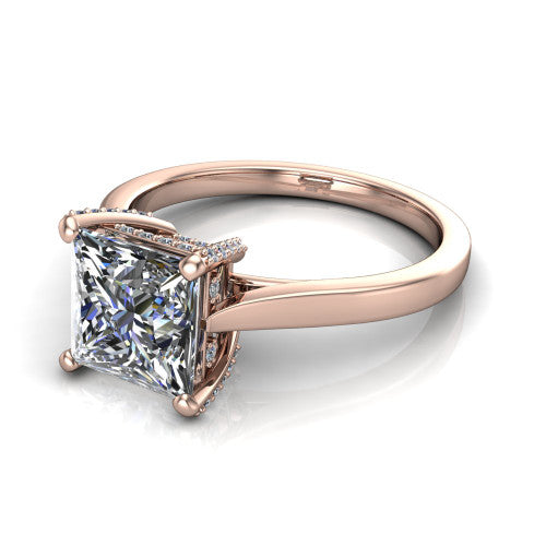 Finley princess-cut classic engagement ring in 14K Rose Gold, three-quarter perspective showing the princess-cut center diamond in a four-prong head with a hidden halo