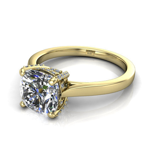 Finley cushion classic engagement ring in 18K Yellow Gold, three-quarter perspective showing the cushion center diamond in a four-prong head with a hidden halo
