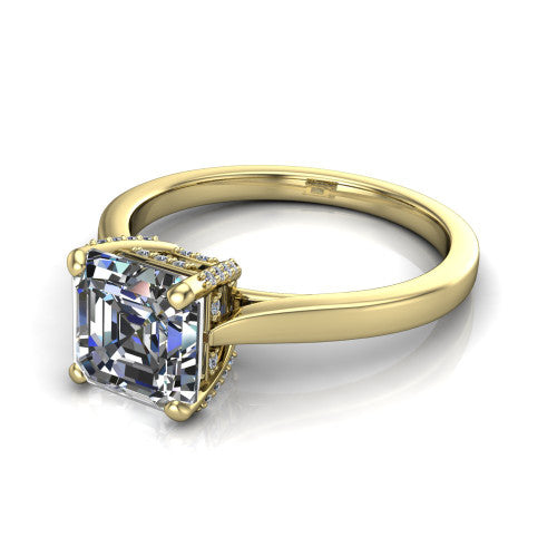 Finley square emerald-cut classic engagement ring in 18K Yellow Gold, three-quarter perspective showing the square emerald-cut center diamond in a four-prong head with a hidden halo