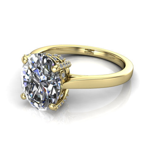 Finley oval classic engagement ring in 18K Yellow Gold, three-quarter perspective showing the oval center diamond in a four-prong head with a hidden halo