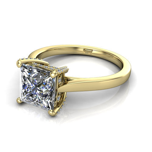 Finley princess-cut classic engagement ring in 18K Yellow Gold, three-quarter perspective showing the princess-cut center diamond in a four-prong head with a hidden halo