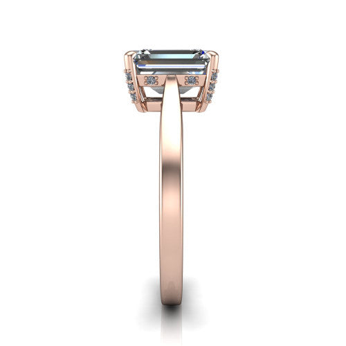Finley emerald-cut classic engagement ring in 18K Rose Gold, side profile showing the hidden halo and polished band in side view
