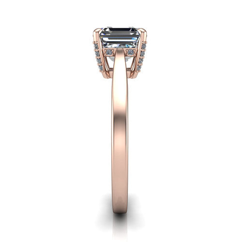 Finley square emerald-cut classic engagement ring in 14K Rose Gold, side profile showing the hidden halo and polished band in side view