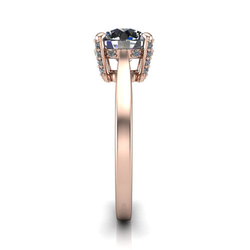 Finley round classic engagement ring in 18K Rose Gold, side profile showing the hidden halo and polished band in side view