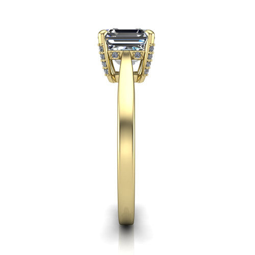 Finley square emerald-cut classic engagement ring in 14K Yellow Gold, side profile showing the hidden halo and polished band in side view