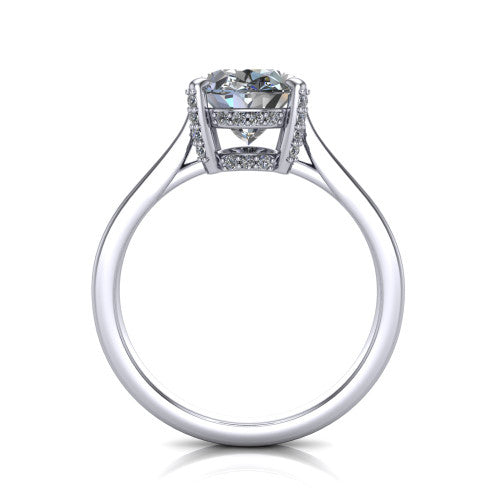 Finley oval classic engagement ring in Platinum, through-finger front profile showing the hidden halo beneath the basket from the front