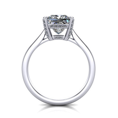 Finley princess-cut classic engagement ring in 14K White Gold, through-finger front profile showing the hidden halo beneath the basket from the front
