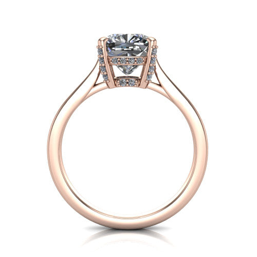 Finley cushion classic engagement ring in 18K Rose Gold, through-finger front profile showing the hidden halo beneath the basket from the front