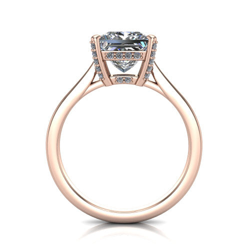 Finley princess-cut classic engagement ring in 14K Rose Gold, through-finger front profile showing the hidden halo beneath the basket from the front