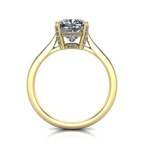 Finley cushion classic engagement ring in 18K Yellow Gold, through-finger front profile showing the hidden halo beneath the basket from the front