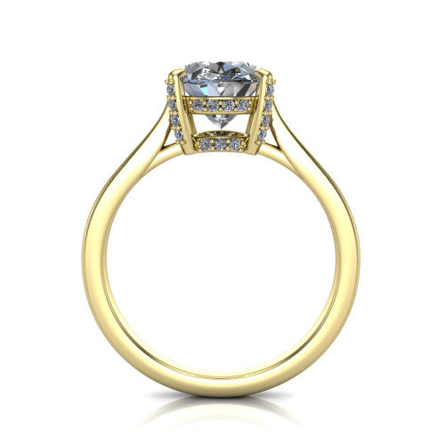 Finley oval classic engagement ring in 14K Yellow Gold, through-finger front profile showing the hidden halo beneath the basket from the front