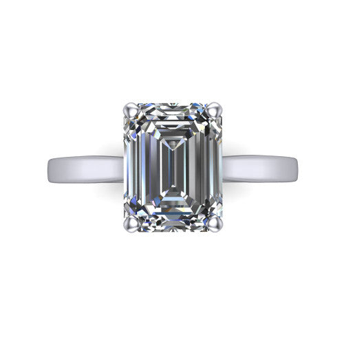 Finley emerald-cut classic engagement ring in 18K White Gold, top-down view showing the emerald-cut center diamond and four prongs from above