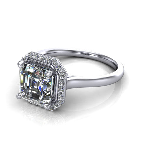 Andrea square emerald-cut halo engagement ring in Platinum, three-quarter perspective showing the square emerald-cut center diamond in a pave halo above a thin band