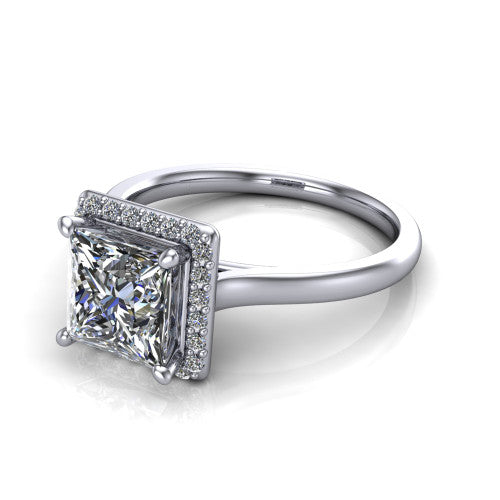 Andrea princess-cut halo engagement ring in 14K White Gold, three-quarter perspective showing the princess-cut center diamond in a pave halo above a thin band