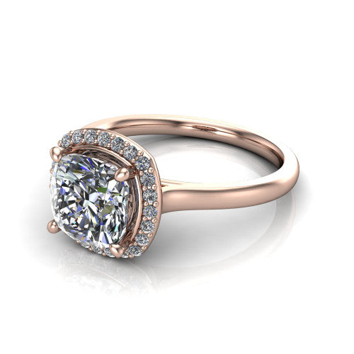 Andrea cushion halo engagement ring in 18K Rose Gold, three-quarter perspective showing the cushion center diamond in a pave halo above a thin band
