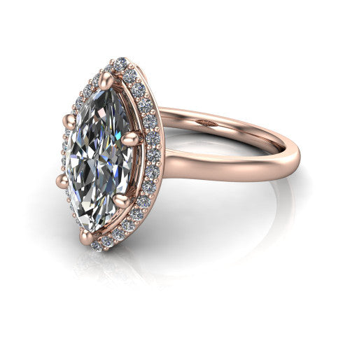 Andrea marquise halo engagement ring in 14K Rose Gold, three-quarter perspective showing the marquise center diamond in a pave halo above a thin band