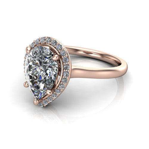 Andrea pear halo engagement ring in 14K Rose Gold, three-quarter perspective showing the pear center diamond in a pave halo above a thin band