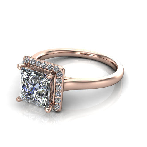 Dream princess halo engagement ring in 14K Rose Gold, three-quarter perspective showing the princess center diamond in a pave halo with a leaf-inspired gallery