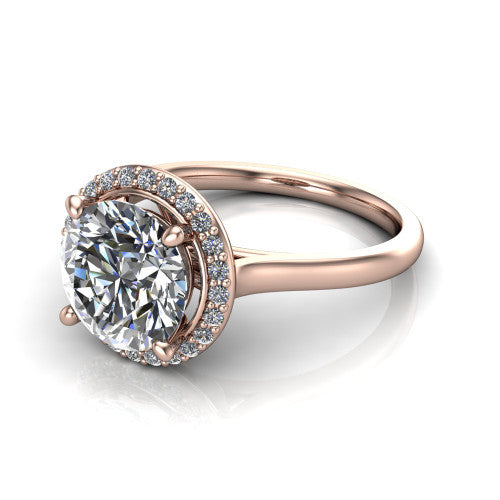 Andrea round halo engagement ring in 14K Rose Gold, three-quarter perspective showing the round center diamond in a pave halo above a thin band