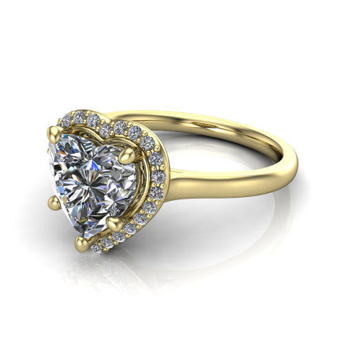 Dream heart halo engagement ring in 14K Yellow Gold, three-quarter perspective showing the heart center diamond in a pave halo with a leaf-inspired gallery