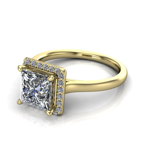 Dream princess halo engagement ring in 18K Yellow Gold, three-quarter perspective showing the princess center diamond in a pave halo with a leaf-inspired gallery