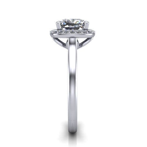 Andrea cushion halo engagement ring in 14K White Gold, side profile showing the halo and thin polished band in side view