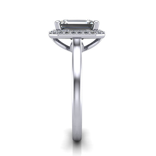 Dream emerald halo engagement ring in 14K White Gold, side profile showing the cathedral shoulders and leaf-inspired basket gallery