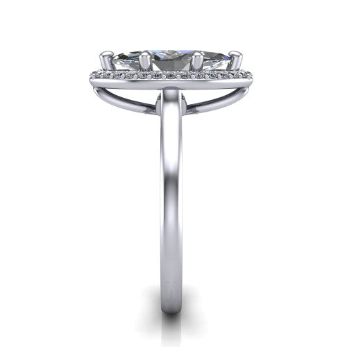 Andrea marquise halo engagement ring in Platinum, side profile showing the halo and thin polished band in side view