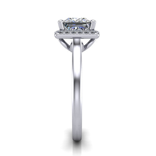 Dream princess halo engagement ring in 18K White Gold, side profile showing the cathedral shoulders and leaf-inspired basket gallery