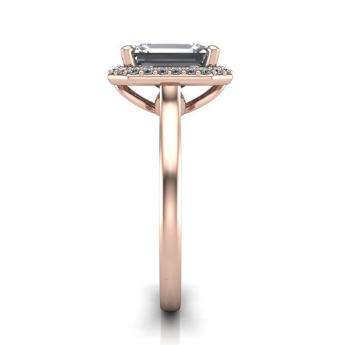 Dream emerald halo engagement ring in 18K Rose Gold, side profile showing the cathedral shoulders and leaf-inspired basket gallery