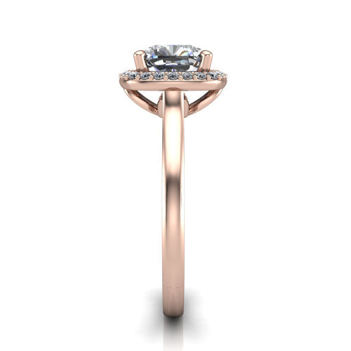 Dream cushion halo engagement ring in 18K Rose Gold, side profile showing the cathedral shoulders and leaf-inspired basket gallery
