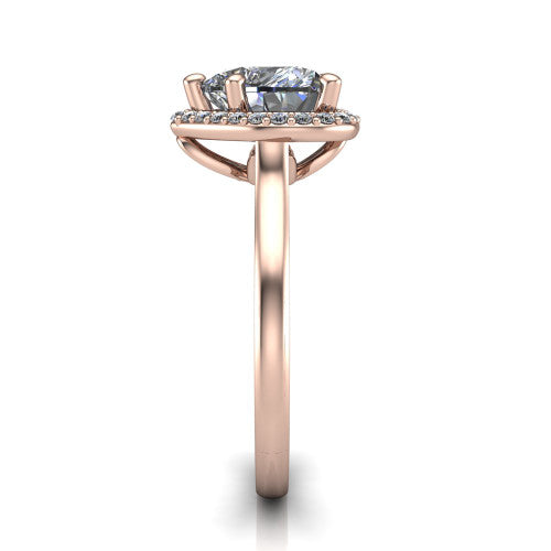 Dream heart halo engagement ring in 18K Rose Gold, side profile showing the cathedral shoulders and leaf-inspired basket gallery