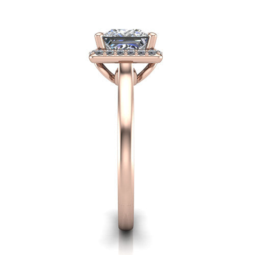 Dream princess halo engagement ring in 14K Rose Gold, side profile showing the cathedral shoulders and leaf-inspired basket gallery