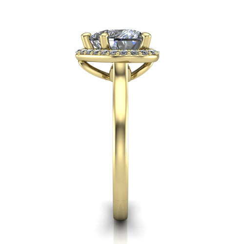 Dream heart halo engagement ring in 18K Yellow Gold, side profile showing the cathedral shoulders and leaf-inspired basket gallery