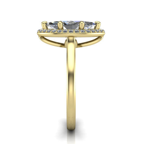 Dream marquise halo engagement ring in 14K Yellow Gold, side profile showing the cathedral shoulders and leaf-inspired basket gallery