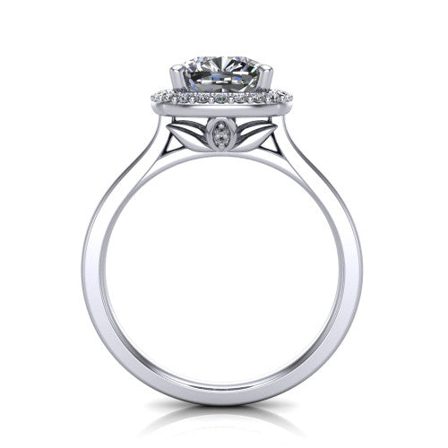 Andrea cushion halo engagement ring in Platinum, through-finger front profile showing the decorative gallery and halo from the front