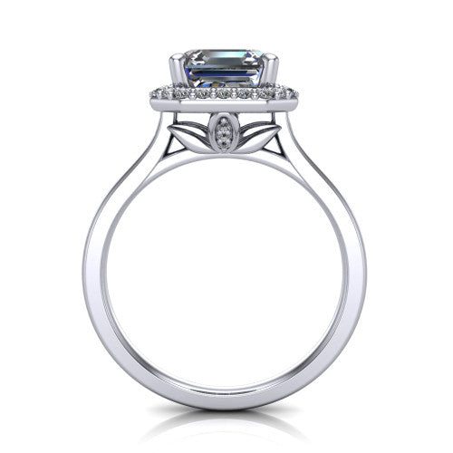 Andrea square emerald-cut halo engagement ring in Platinum, through-finger front profile showing the decorative gallery and halo from the front