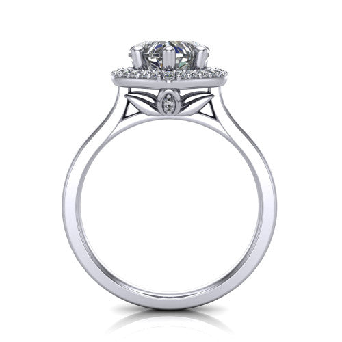 Dream heart halo engagement ring in 14K White Gold, through-finger front profile showing the leaf-inspired gallery and halo